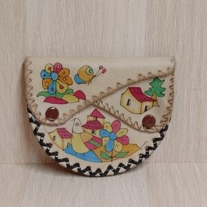 Vintage Folk Art Leather Coin Purse Hand Painted 3.5 X 4 1/4"